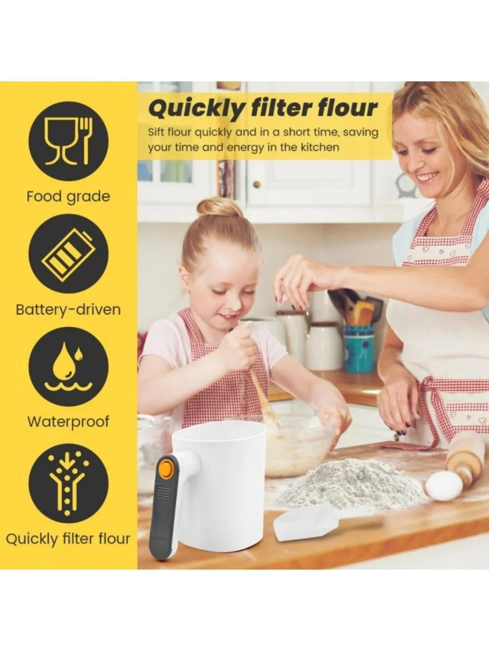 Electric Flour Sifter - Battery Operated, 4 Cup Capacity, One-Hand Operation